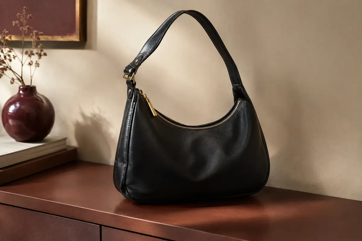 Sac Hobo noir en simili cuir posé sur une console, avec sa fermeture éclair en métal visible
