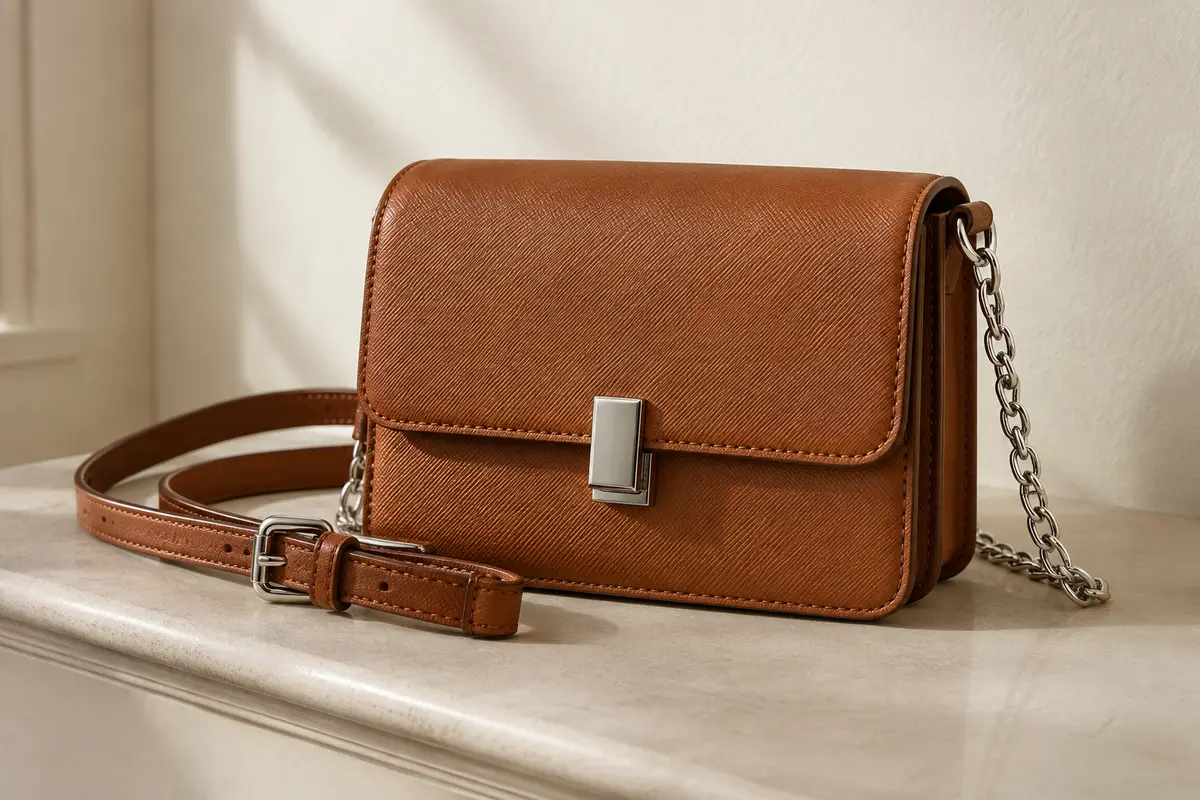 Petit sac bandoulière marron camel en cuir synthétique strié, avec détails argentés et fermeture éclair.