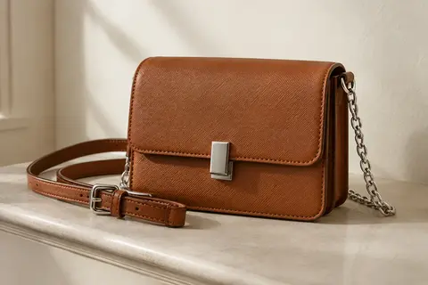 Petit sac bandoulière marron camel en cuir synthétique strié, avec détails argentés et fermeture éclair.