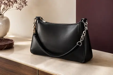 Sac bandoulière trapèze noir en similicuir lisse avec chaîne argentée, poche zippée et forme structurée.
