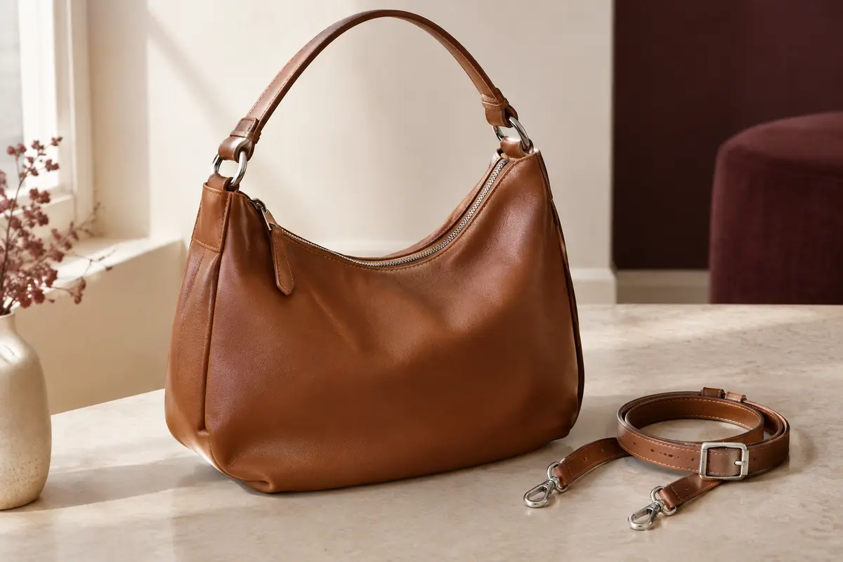 Sac hobo marron cognac en similicuir, avec bandoulière réglable et détails métalliques argentés