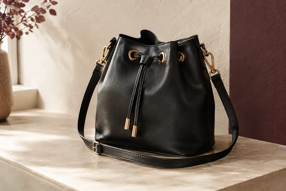 Sac seau noir David Jones en similicuir, avec bandoulière réglable et détails métalliques dorés