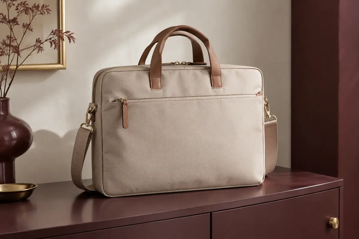 Sacoche d’ordinateur beige en polyester avec poignée souple et bandoulière amovible, posée dans un intérieur crème.
