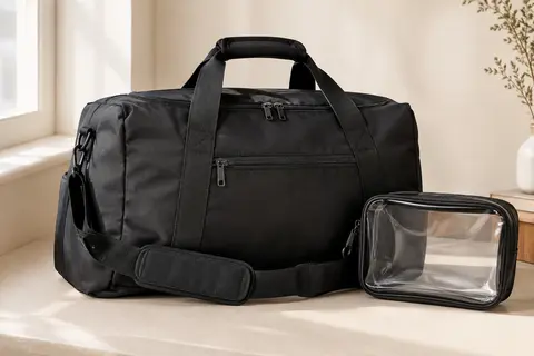 Sac de voyage souple noir avec sangle amovible, poche avant zippée et petite pochette humide en PVC