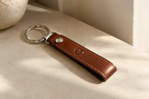Porte-clés allongé en cuir marron avec motif cœur en relief et détails métalliques argentés