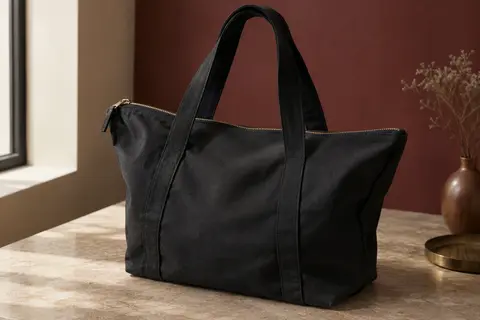 Sac cabas noir en coton uni avec fermeture éclair, posé dans un intérieur sobre à la lumière naturelle.