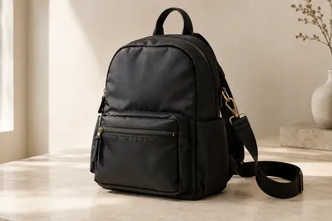 Sac à dos Eshow en nylon noir, photographié seul avec ses poches extérieures et sa forme compacte.