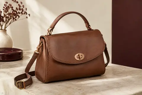 Sac bandoulière brun en simili cuir avec poignée supérieure, rabat avant et fermoir tournant couleur cuivre.