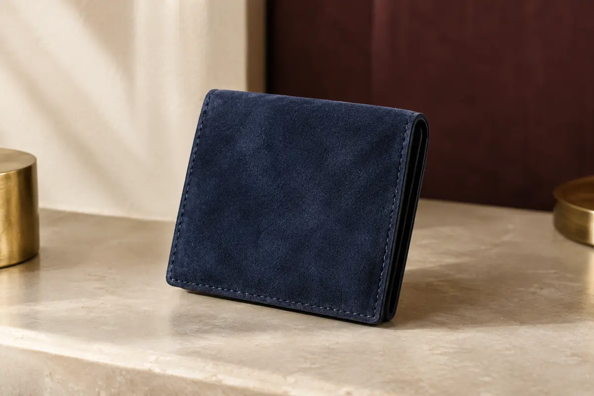 Portefeuille portrait bleu marine en cuir suédé de buffle posé sur une surface claire