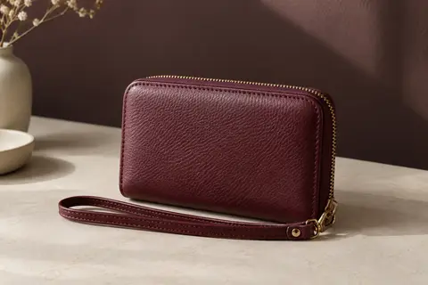 Portefeuille compact en cuir bordeaux avec fermeture zippée et bracelet, posé sur une surface crème.