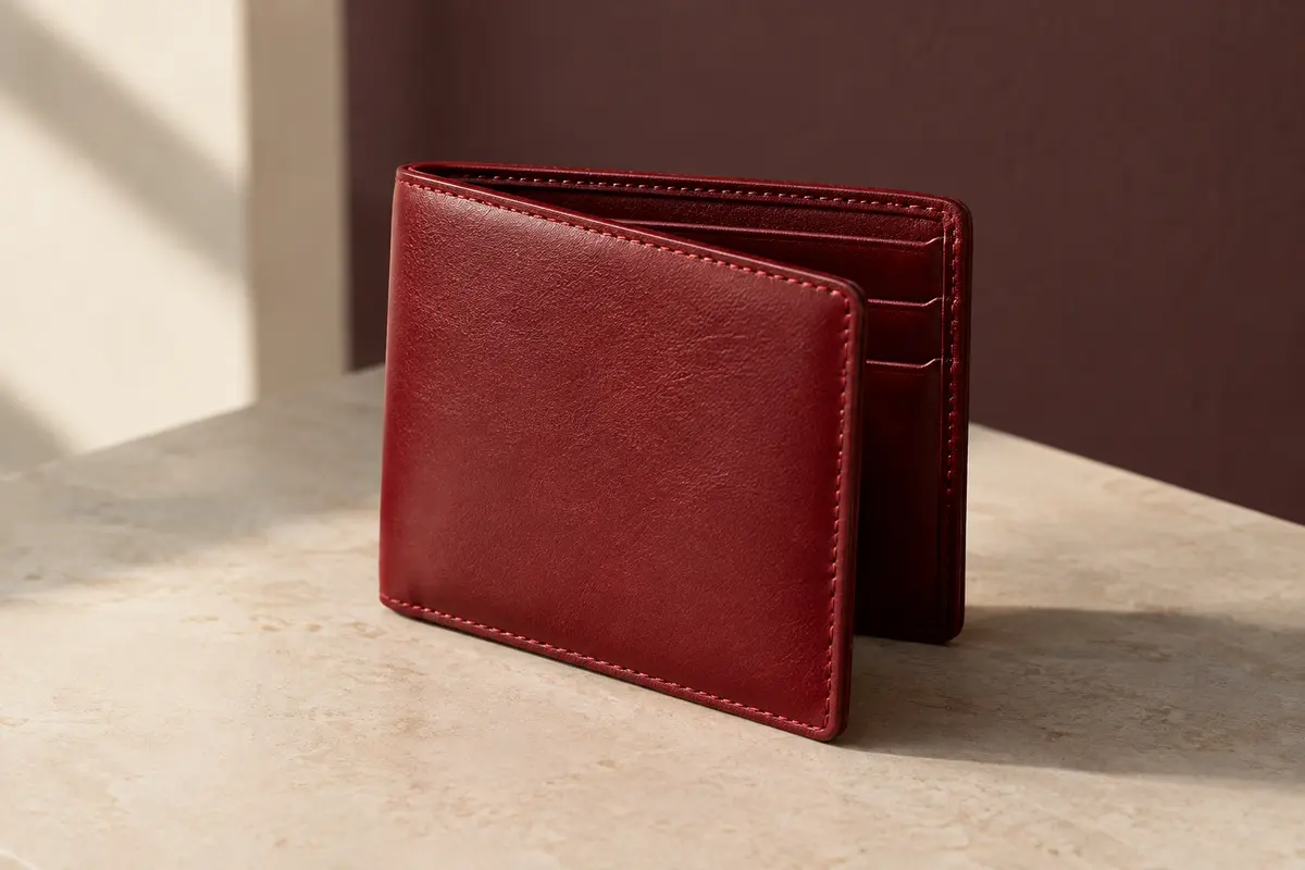 Porte-cartes pliant en cuir rouge posé dans un intérieur sobre, avec sa texture visible