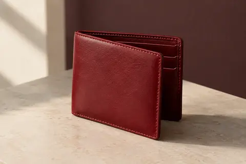 Porte-cartes pliant en cuir rouge posé dans un intérieur sobre, avec sa texture visible