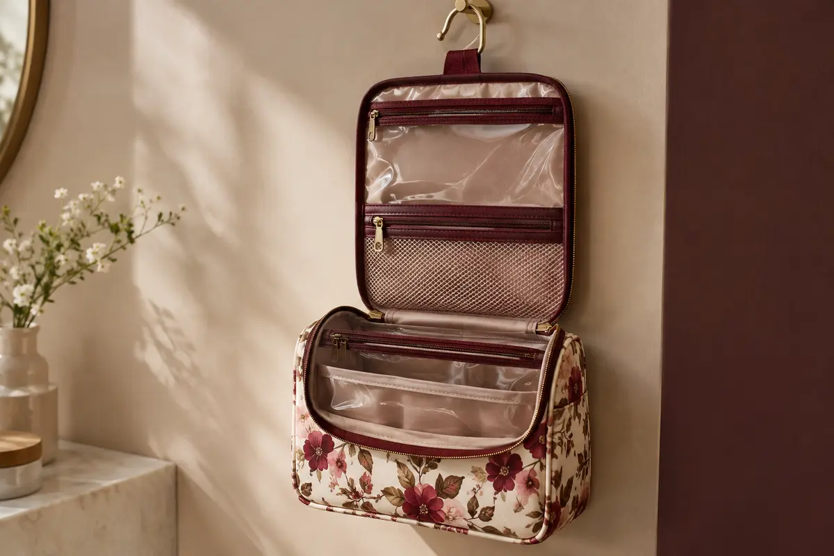 Trousse de toilette Fintie à motif floral, dépliée avec compartiments transparents et crochet de suspension.