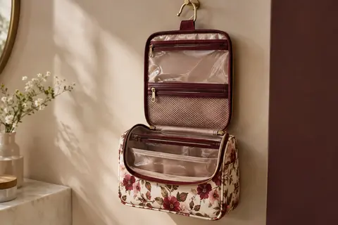 Trousse de toilette Fintie à motif floral, dépliée avec compartiments transparents et crochet de suspension.