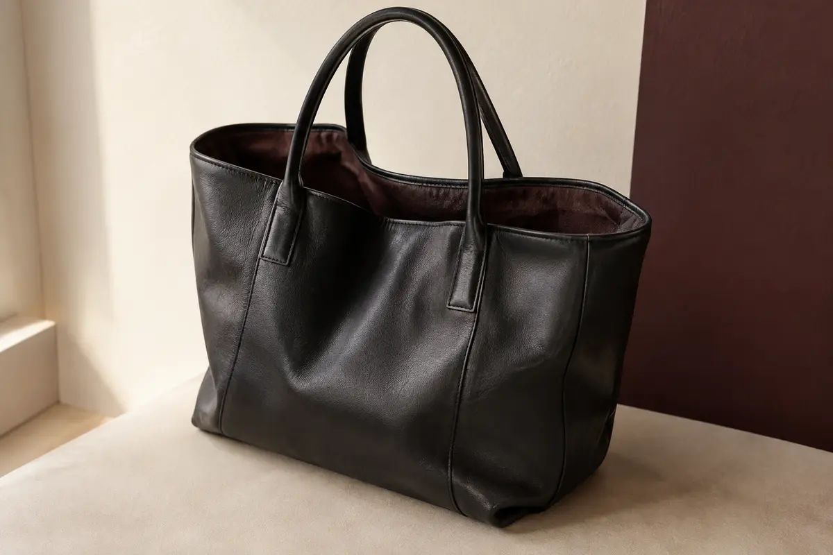 Cabas noir en cuir PU souple avec deux anses, posé dans un intérieur crème éclairé par une lumière naturelle.