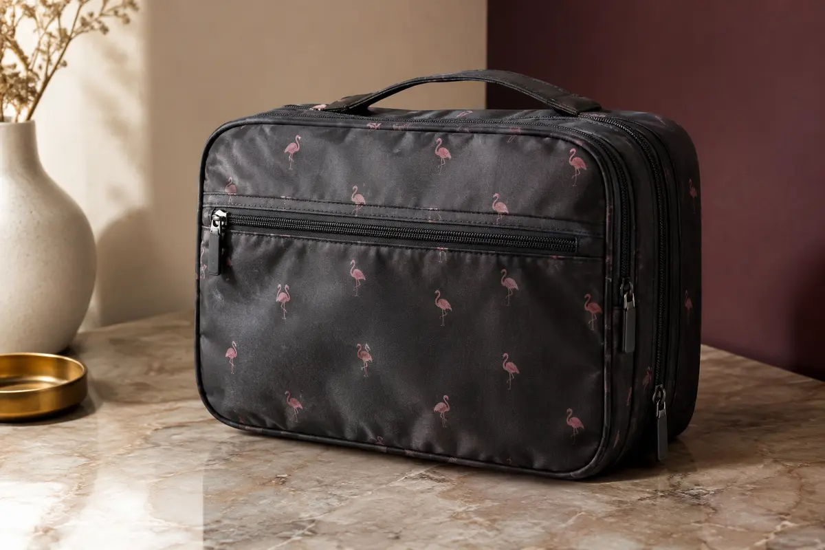 Trousse de toilette de voyage Foregoer en nylon, avec poches zippées et crochet de suspension.