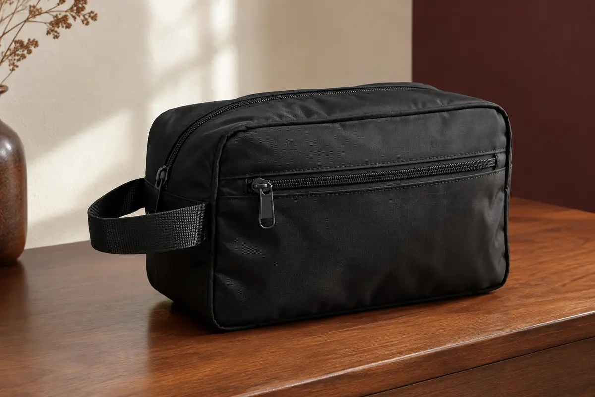 Trousse de toilette de voyage noire en nylon avec poignée latérale et poche zippée, posée sur une tablette