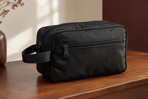 Trousse de toilette de voyage noire en nylon avec poignée latérale et poche zippée, posée sur une tablette