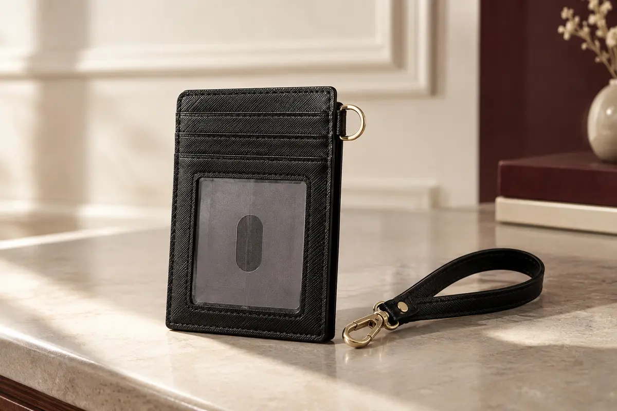Porte-cartes FurArt noir à finition Saffiano avec fenêtre d’identité et lanière