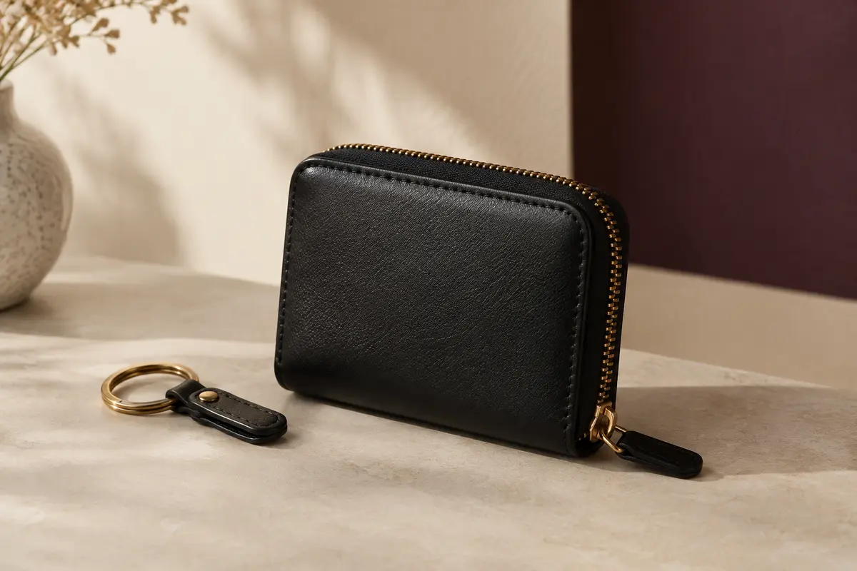Porte-cartes noir FurArt en polyuréthane avec fermeture zippée et porte-clés, posé sur un fond crème.