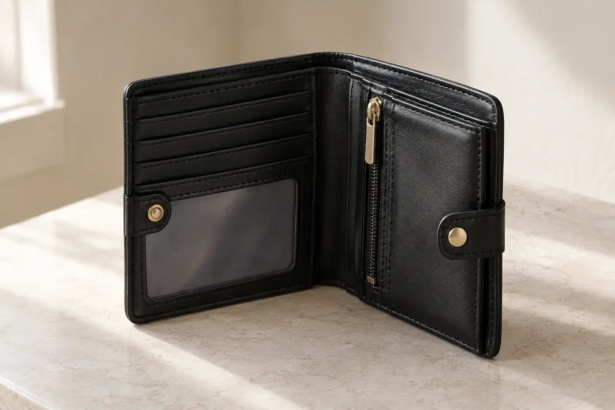Portefeuille compact noir en cuir synthétique ouvert, avec emplacements pour cartes et poche zippée