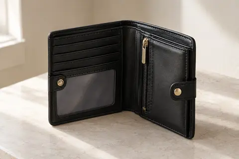 Portefeuille compact noir en cuir synthétique ouvert, avec emplacements pour cartes et poche zippée