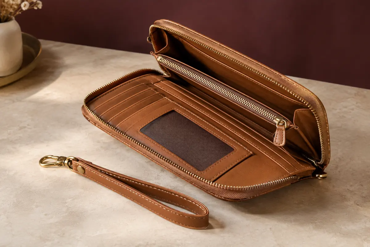 Portefeuille femme tan en simili cuir avec compartiments visibles, poche zippée et dragonne amovible