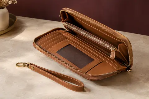 Portefeuille femme tan en simili cuir avec compartiments visibles, poche zippée et dragonne amovible