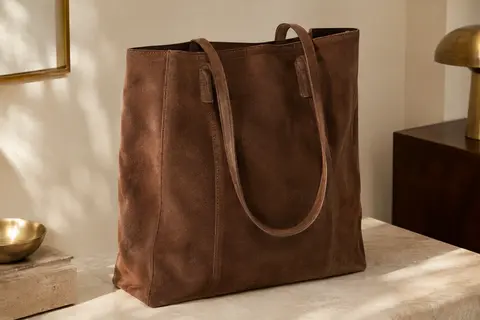 Cabas marron en daim synthétique posé dans un intérieur crème, avec sa bandoulière visible