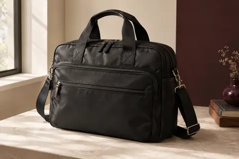 Sac fourre-tout pour ordinateur en nylon noir, avec poignées, bandoulière amovible et poches zippées.