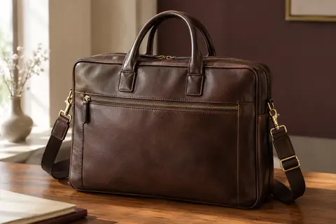 Sacoche porte-documents marron foncé en simili cuir, posée sur une table dans un intérieur sobre
