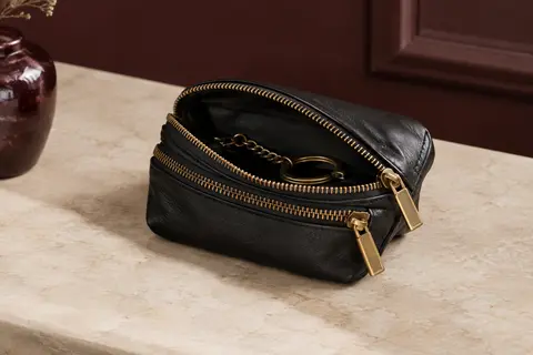 Petit porte-monnaie noir en cuir souple avec deux fermetures métalliques, posé dans un intérieur sobre