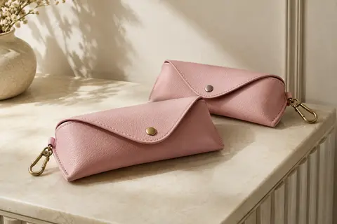 Deux étuis à lunettes souples roses en simili cuir, avec bouton-pression et clip, posés sur une console crème.