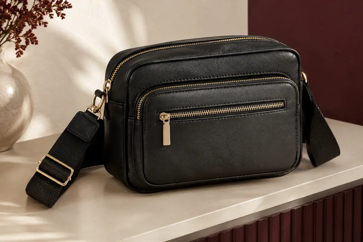 Sac bandoulière noir en cuir PU avec poches zippées et large sangle réglable, posé dans un intérieur crème