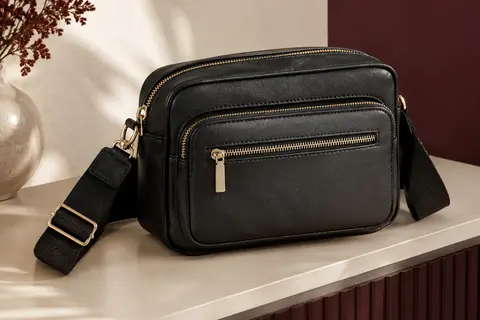 Sac bandoulière noir en cuir PU avec poches zippées et large sangle réglable, posé dans un intérieur crème