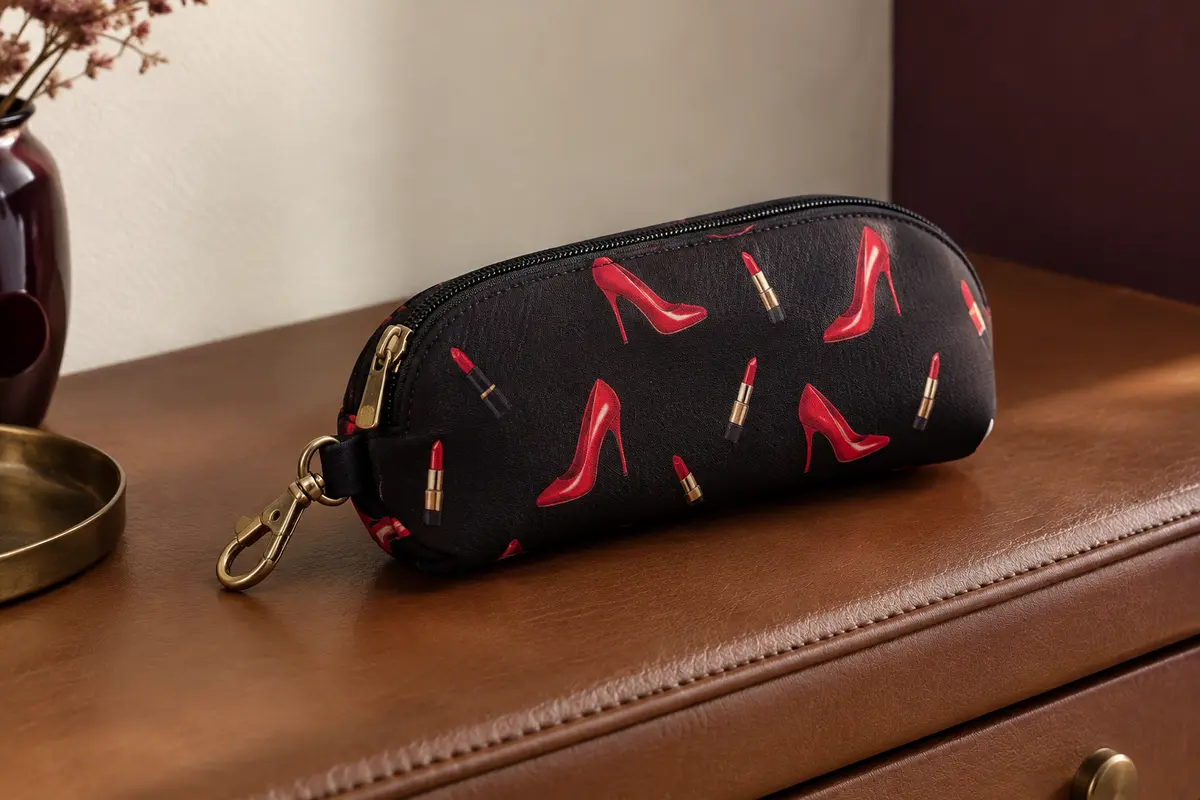 Étui à lunettes souple en néoprène imprimé de talons hauts rouges, avec fermeture éclair et mousqueton.