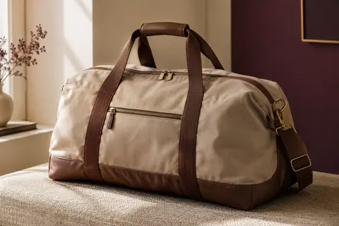 Sac de voyage souple beige et brun posé dans un intérieur crème, avec ses compartiments visibles