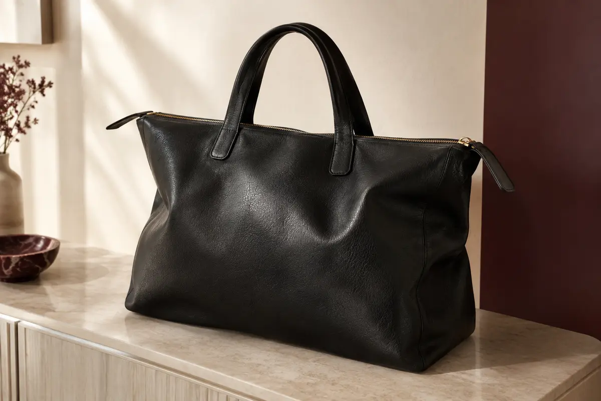 Cabas noir en similicuir avec poignée supérieure et fermeture zippée, posé dans un intérieur aux tons crème.