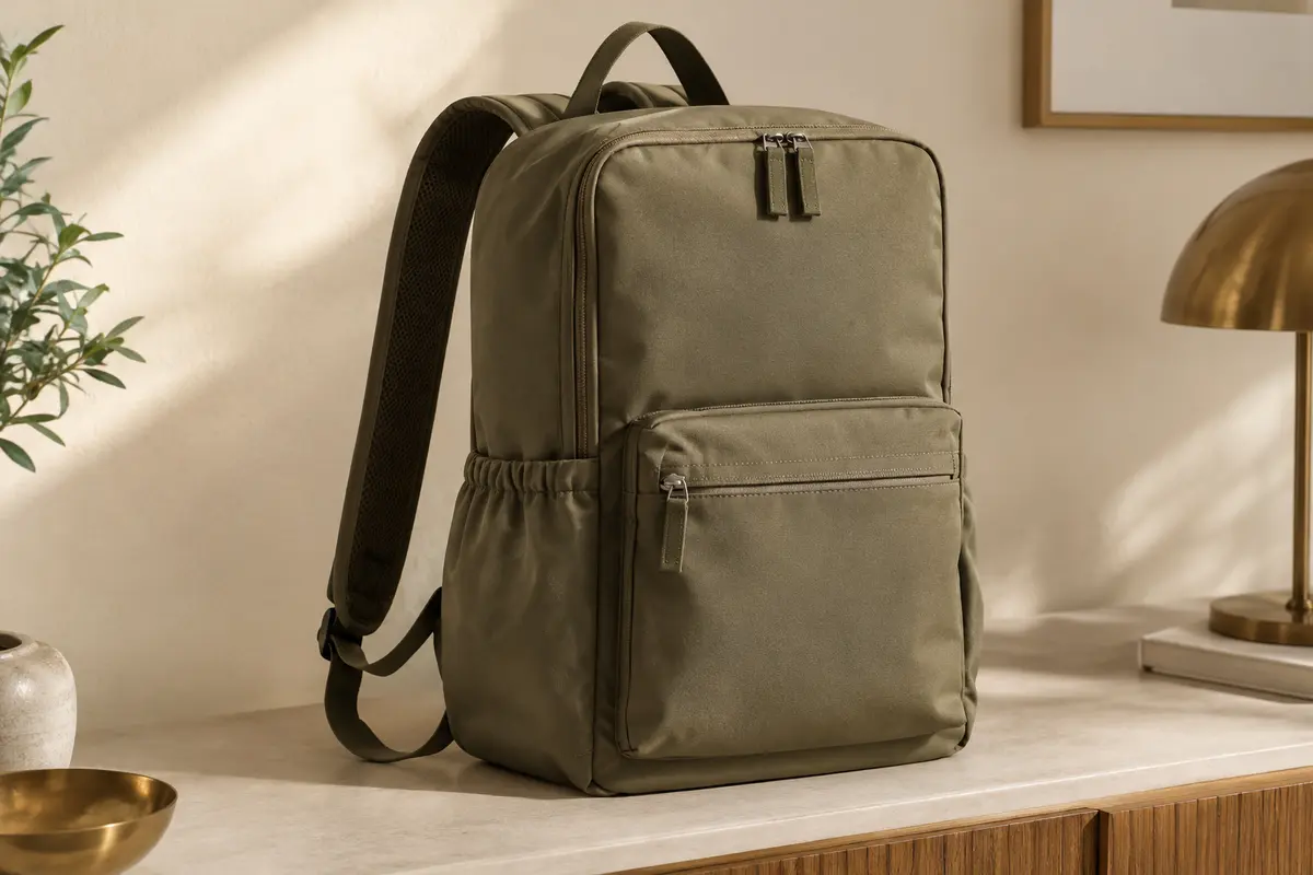 Sac à dos kaki en tissu Oxford avec poche avant, poches latérales élastiques et bretelles rembourrées