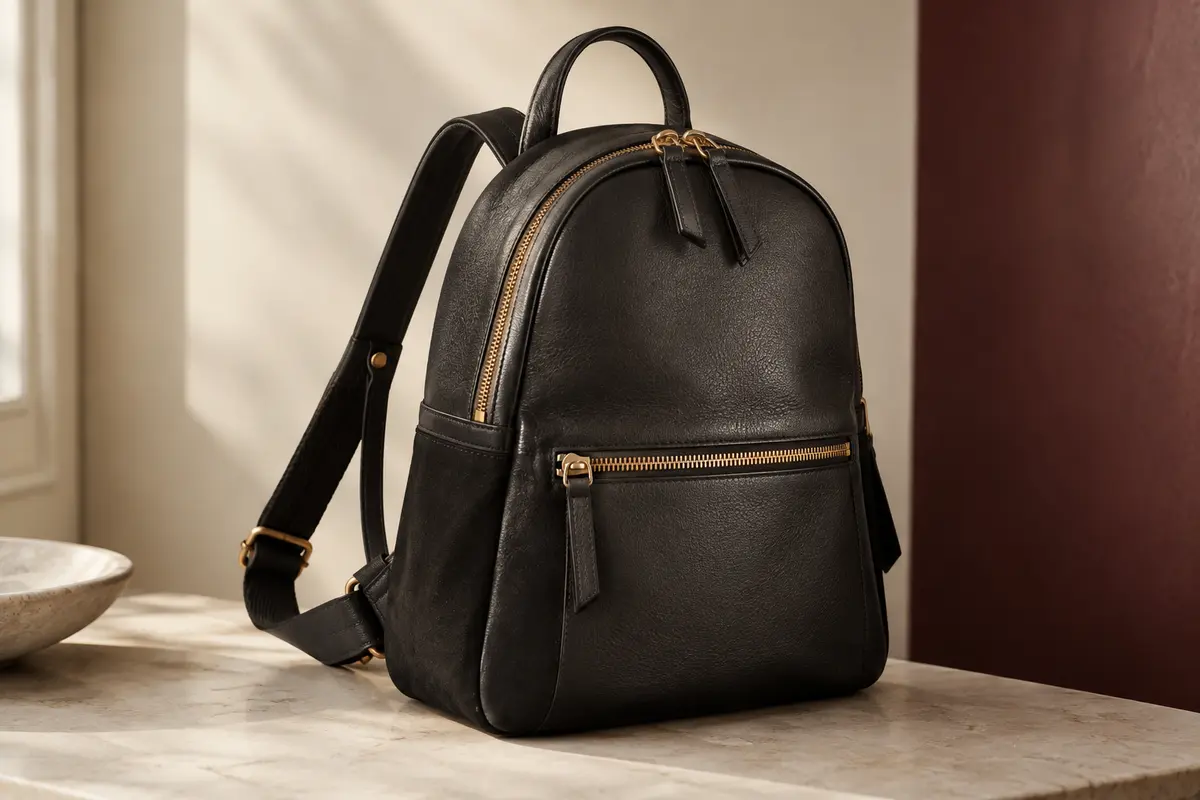 Sac à dos noir Kattee en cuir et microfibre, avec poches zippées, bretelles réglables et détails dorés