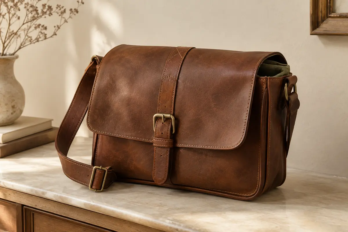 Sac bandoulière en cuir marron posé dans un intérieur crème, avec sa boucle et sa sangle réglable visibles.