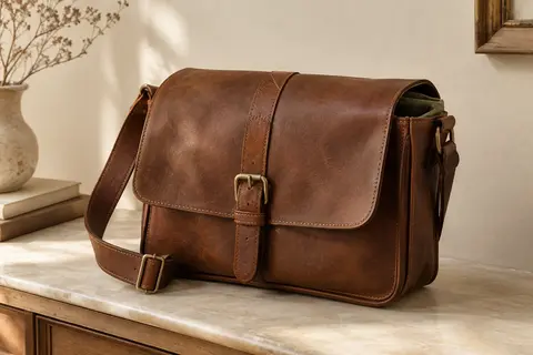Sac bandoulière en cuir marron posé dans un intérieur crème, avec sa boucle et sa sangle réglable visibles.