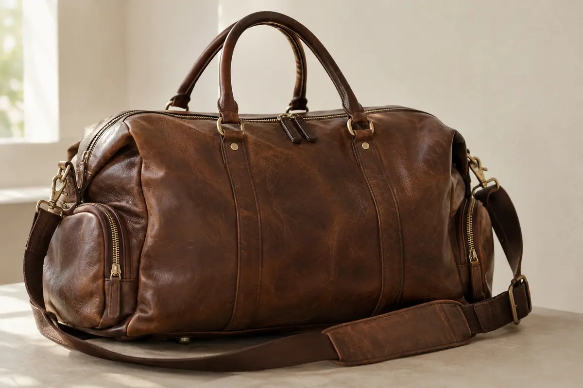 Sac de voyage en cuir de buffle vieilli avec poches zippées et bandoulière amovible, posé dans un intérieur sobre.