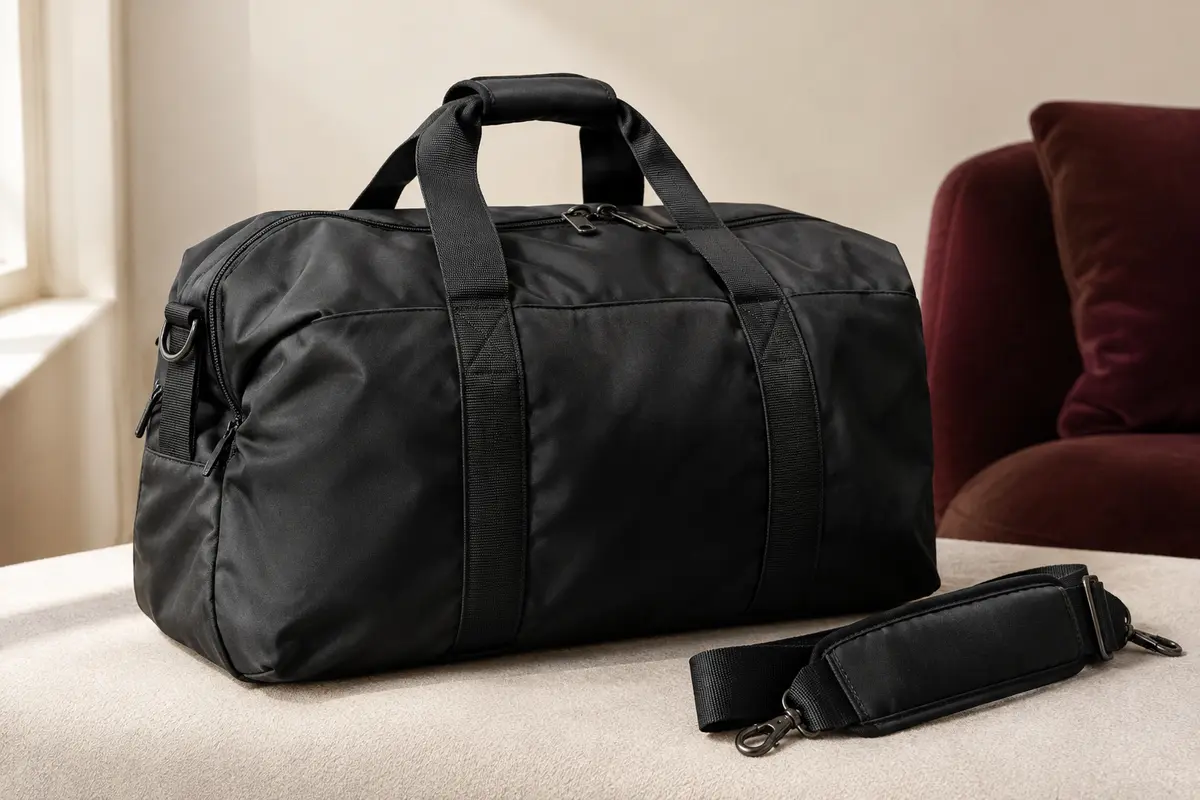 Sac de voyage noir surpiqué avec poignées et bandoulière amovible, posé dans un intérieur sobre aux murs crème.