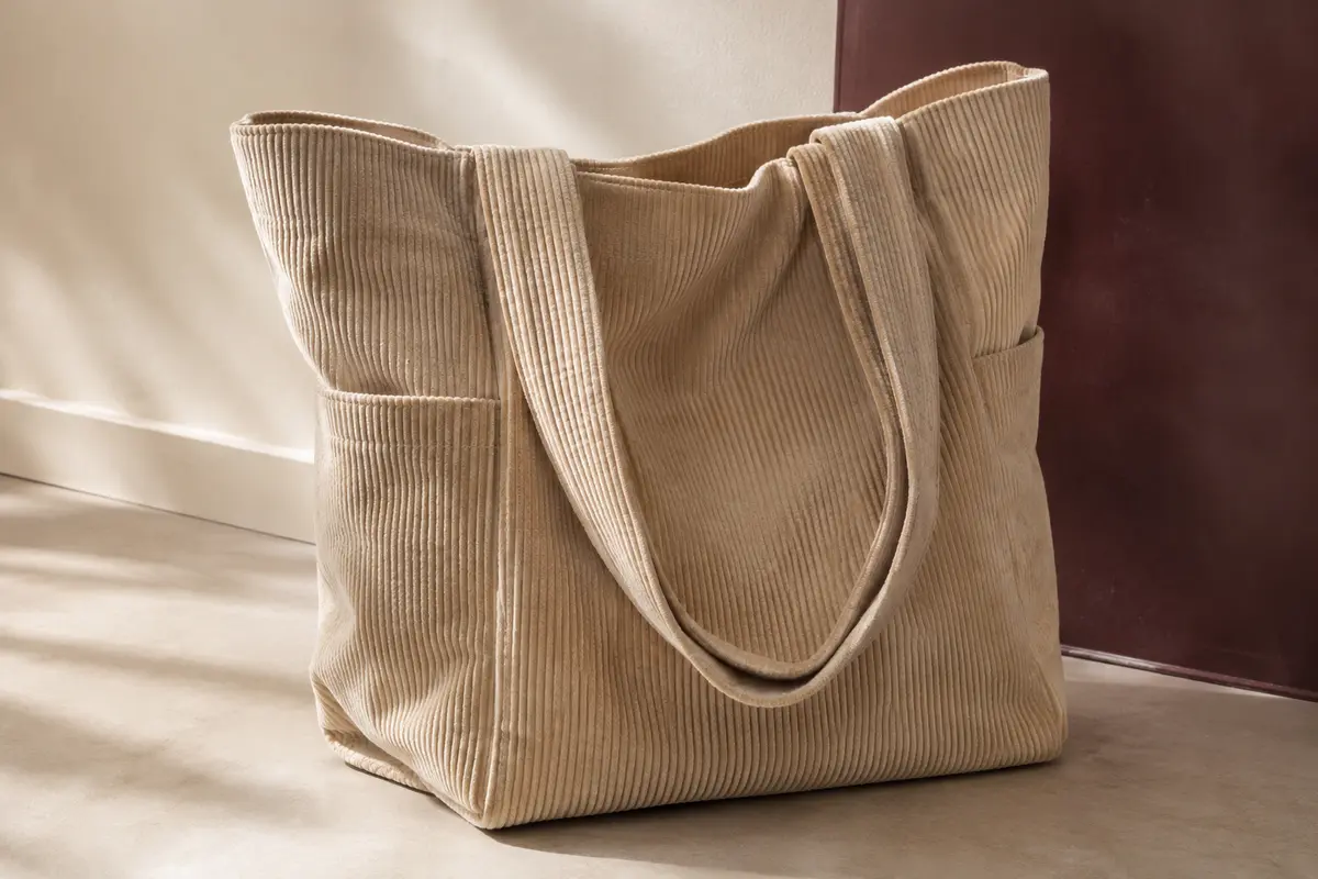 Cabas beige en velours côtelé à la forme évasée, posé dans un intérieur crème aux ombres douces.