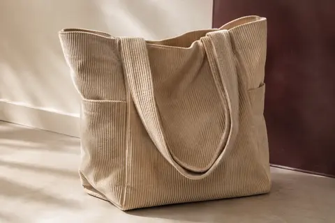 Cabas beige en velours côtelé à la forme évasée, posé dans un intérieur crème aux ombres douces.