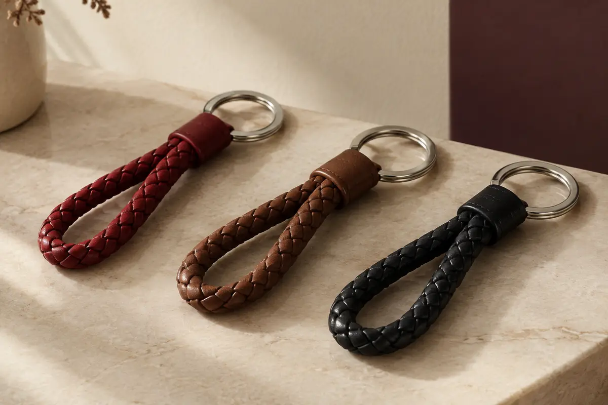 Trois porte-clés tressés en polyuréthane rouge, marron et noir avec anneaux métalliques, posés sur un fond crème.