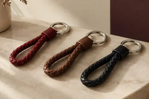 Trois porte-clés tressés en polyuréthane rouge, marron et noir avec anneaux métalliques, posés sur un fond crème.