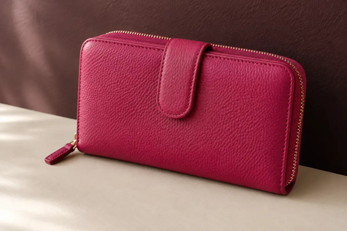Portefeuille compagnon fuchsia en cuir grainé, avec patte de fermeture et zip tout autour du compartiment à monnaie.