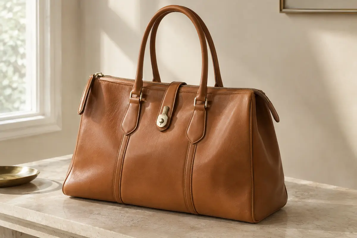 Cabas femme en simili cuir brun clair, avec coutures visibles et silhouette structurée